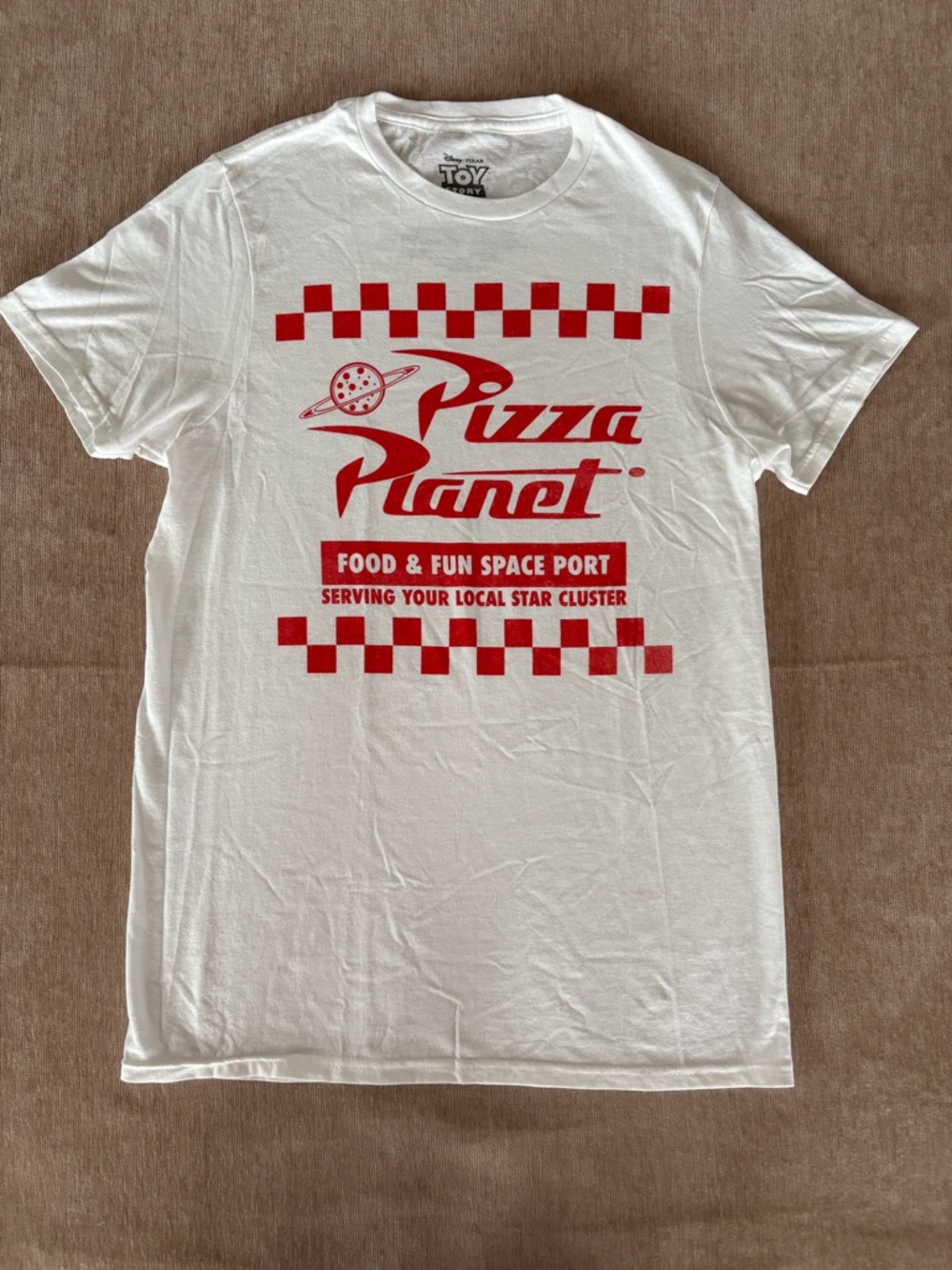 Disney Toy Story White T‑Shirt with Red Pizza Planet Graphic - Size S